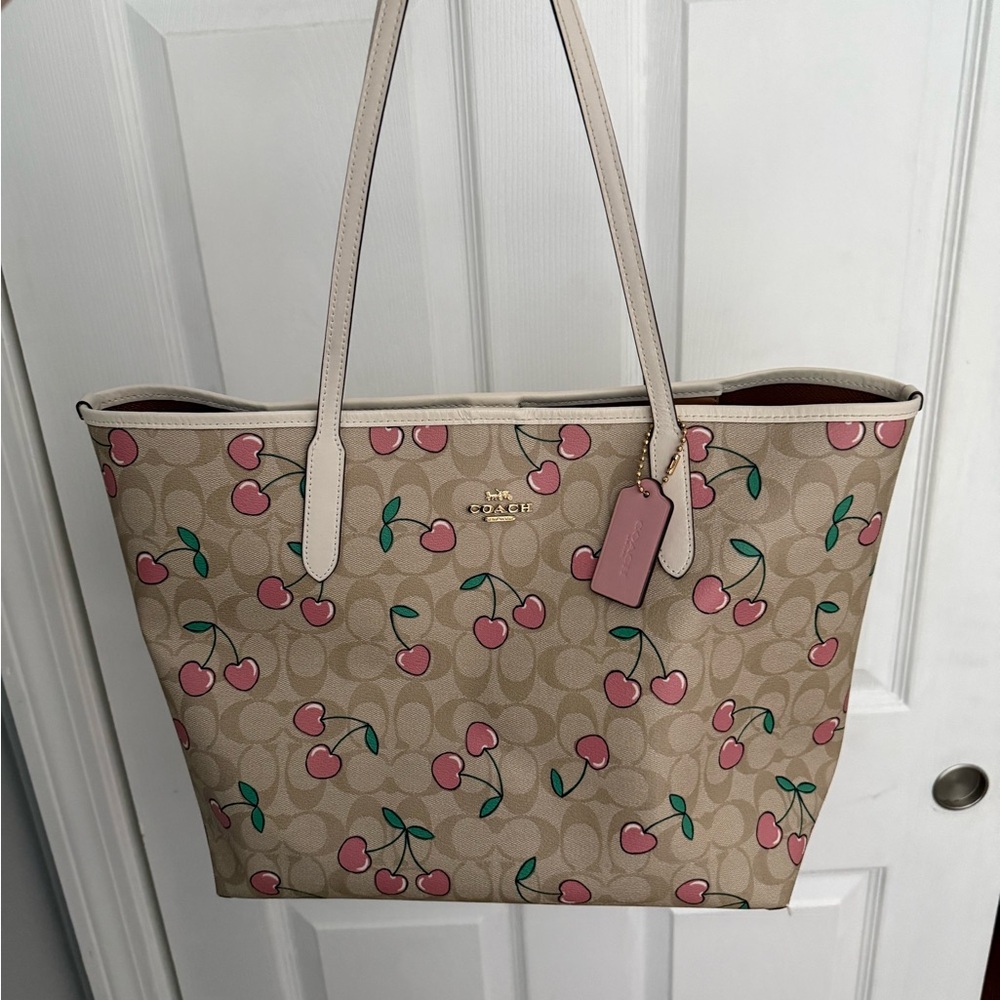 Coach Beige Signature Canvas Tote with Pink Cherry Print